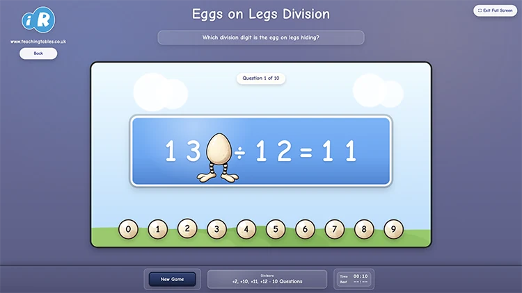Eggs on Legs division game with a missing digit calculation