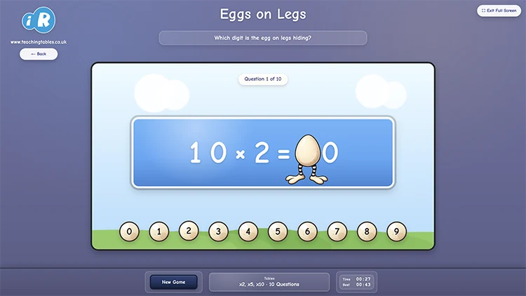 Eggs on Legs multiplication game with a missing digit times tables question