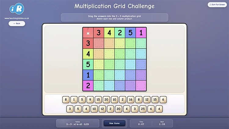 Multiplication Grid Challenge showing a colourful times tables grid with missing products and answer tiles