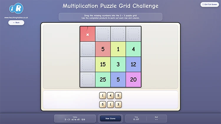 Multiplication Puzzle Grid Challenge showing products with missing row and column numbers