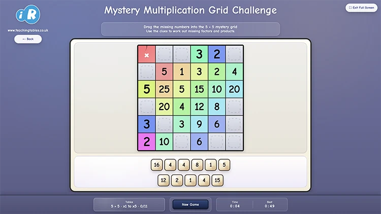 Mystery Multiplication Grid Challenge showing missing factors and products in a colourful multiplication grid