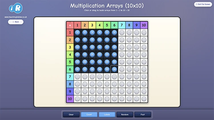 Multiplication Arrays (10x10) interactive teaching tool