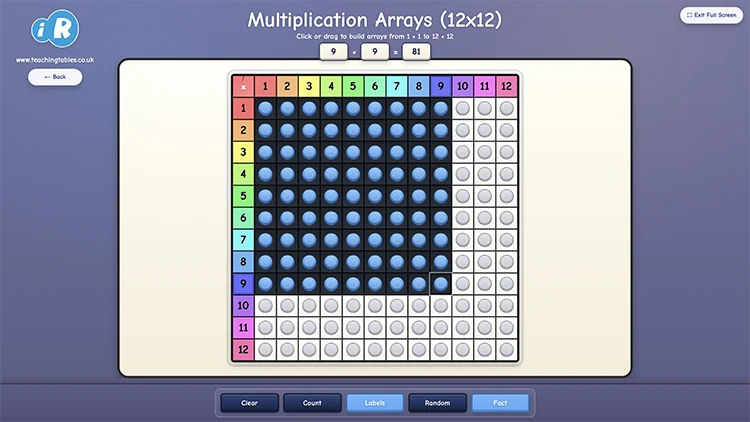Multiplication Arrays (12x12) interactive teaching tool