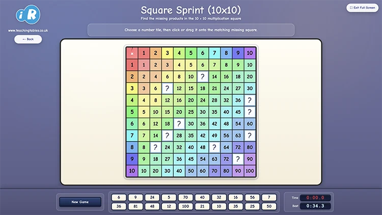 Square Sprint (10x10) multiplication game