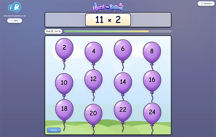 Burst the Balloon multiplication game with answer balloons