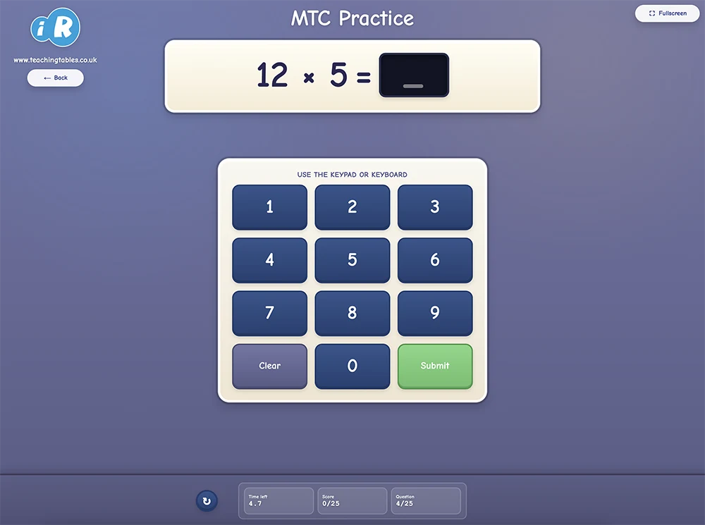 Desktop Multiplication Tables Check practice tool screen