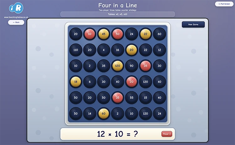 Four in a Line times tables game showing counters on a connect-four board