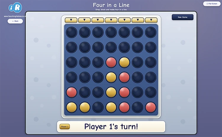 Traditional Four in a Line strategy game showing counters on a connect-four board