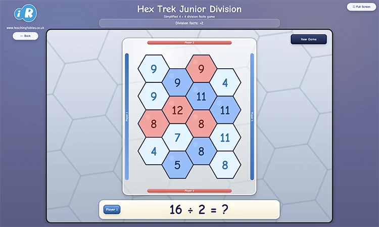 Hex Trek Junior division facts game on a 4 by 4 hexagon board