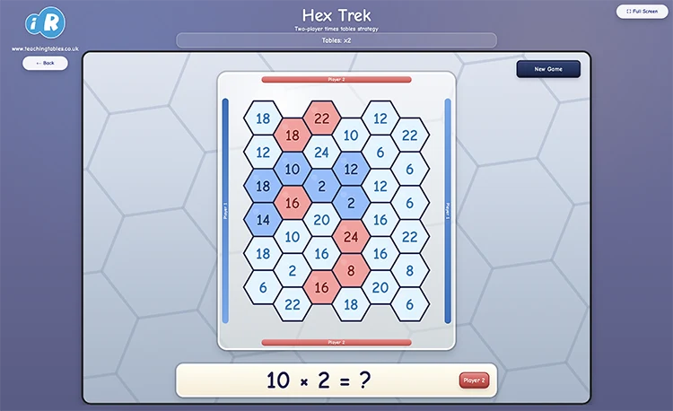 Hex Trek times tables strategy game showing a hexagon path board