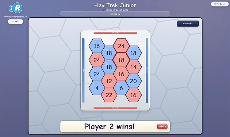 Hex Trek Junior times tables game on a 4 by 4 hexagon board