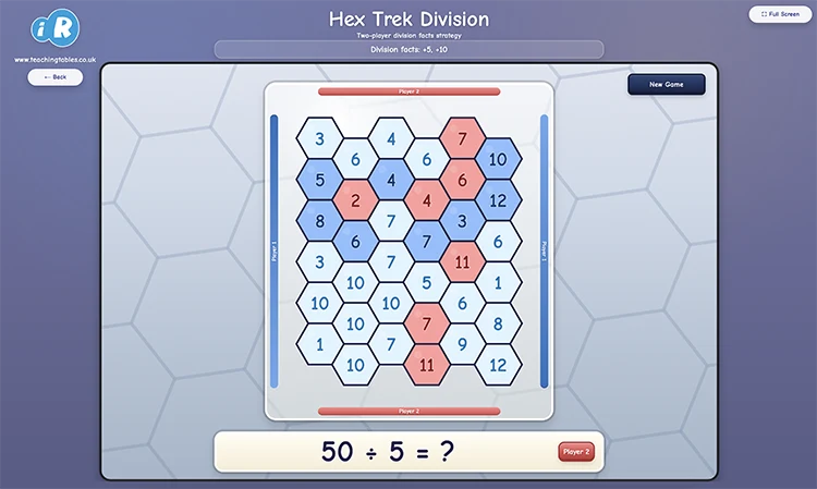 Hex Trek division facts strategy game showing a hexagon path board