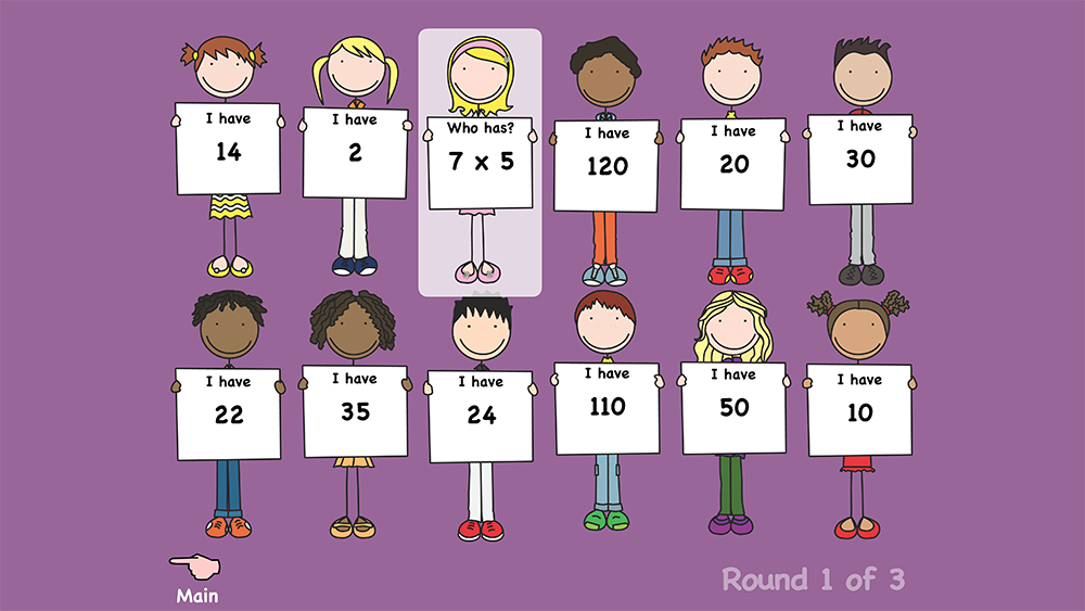 I have who has multiplication game for practising times tables in groups