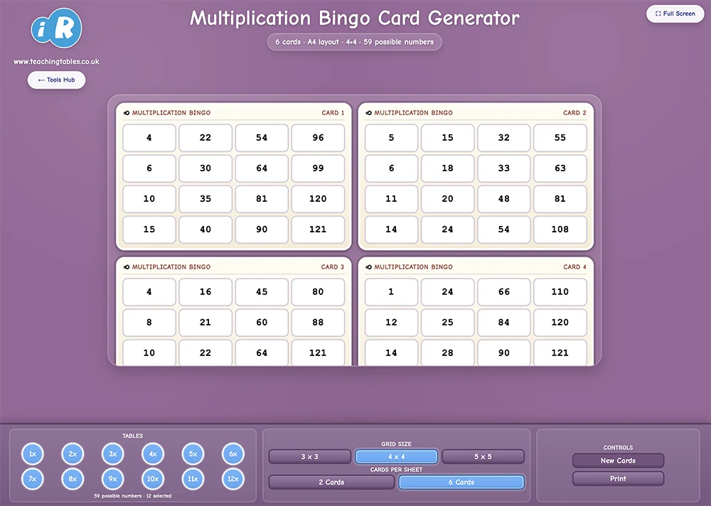 Printable Multiplication Bingo cards for times tables classroom practice
