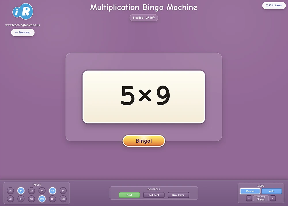 Multiplication Bingo Machine times tables caller for classroom bingo games