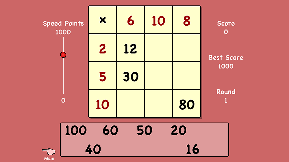 Multiplication grids game for completing times tables grids