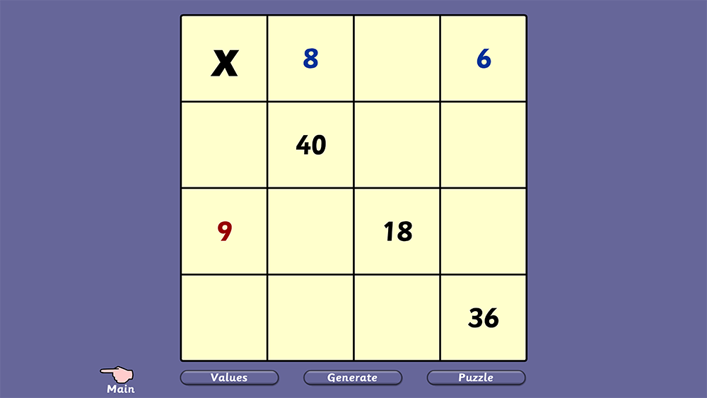Multiplication reveal grid game for solving multiplication puzzles
