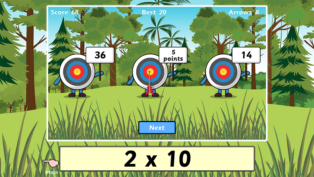 Times tables archery game for selecting correct multiplication answers