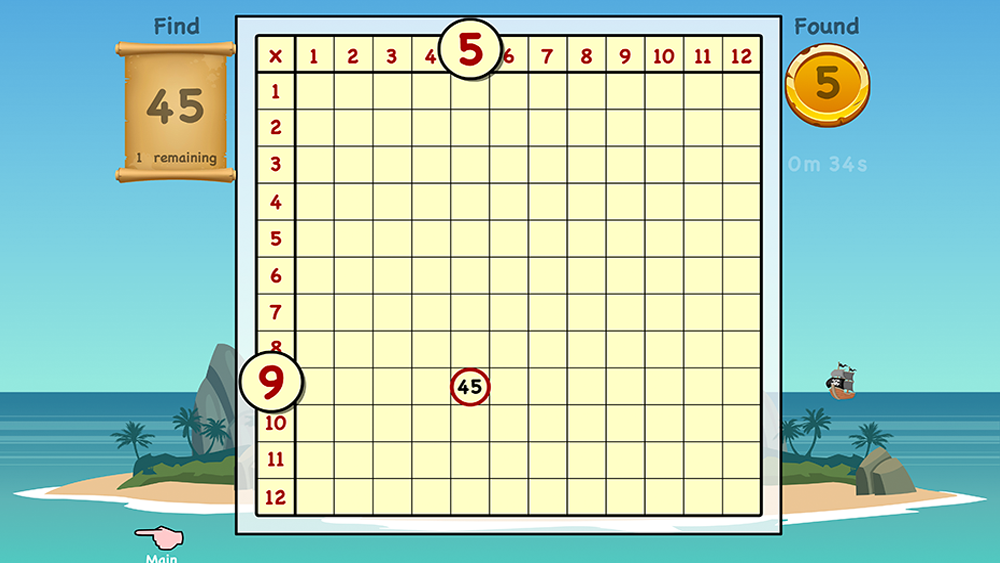 Times tables treasure hunt game for finding multiplication answers