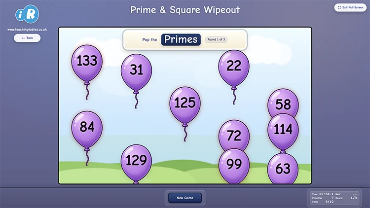 Prime and Square Wipeout game showing number balloons in a number properties challenge