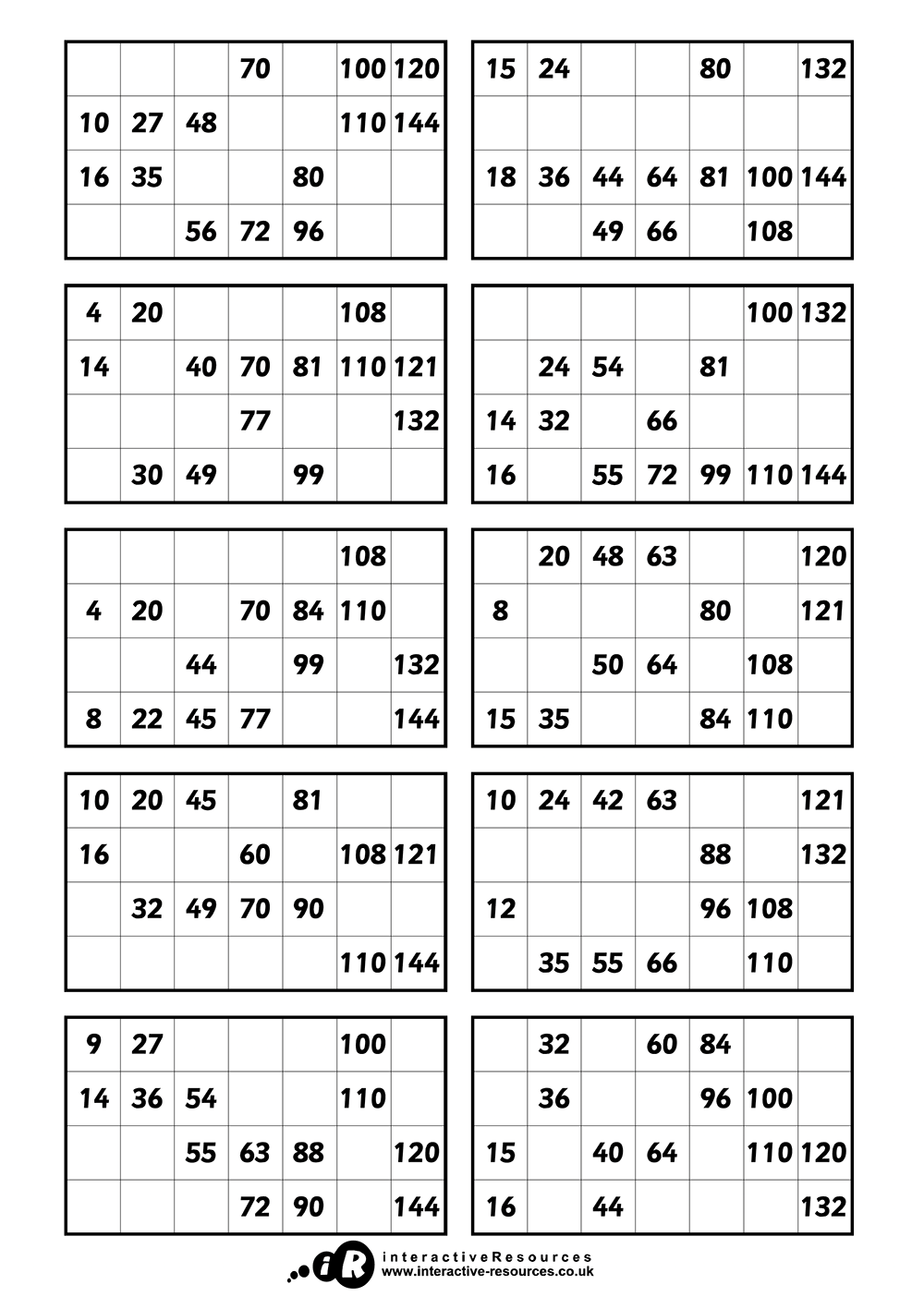 Times Tables Bingo Cards